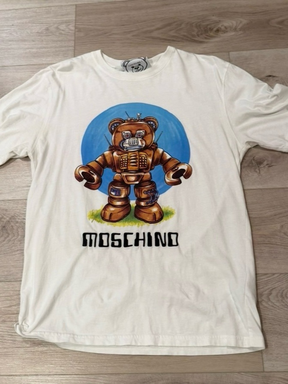 Moschino White Tee with Brown Teddy Robot and Blue Halo